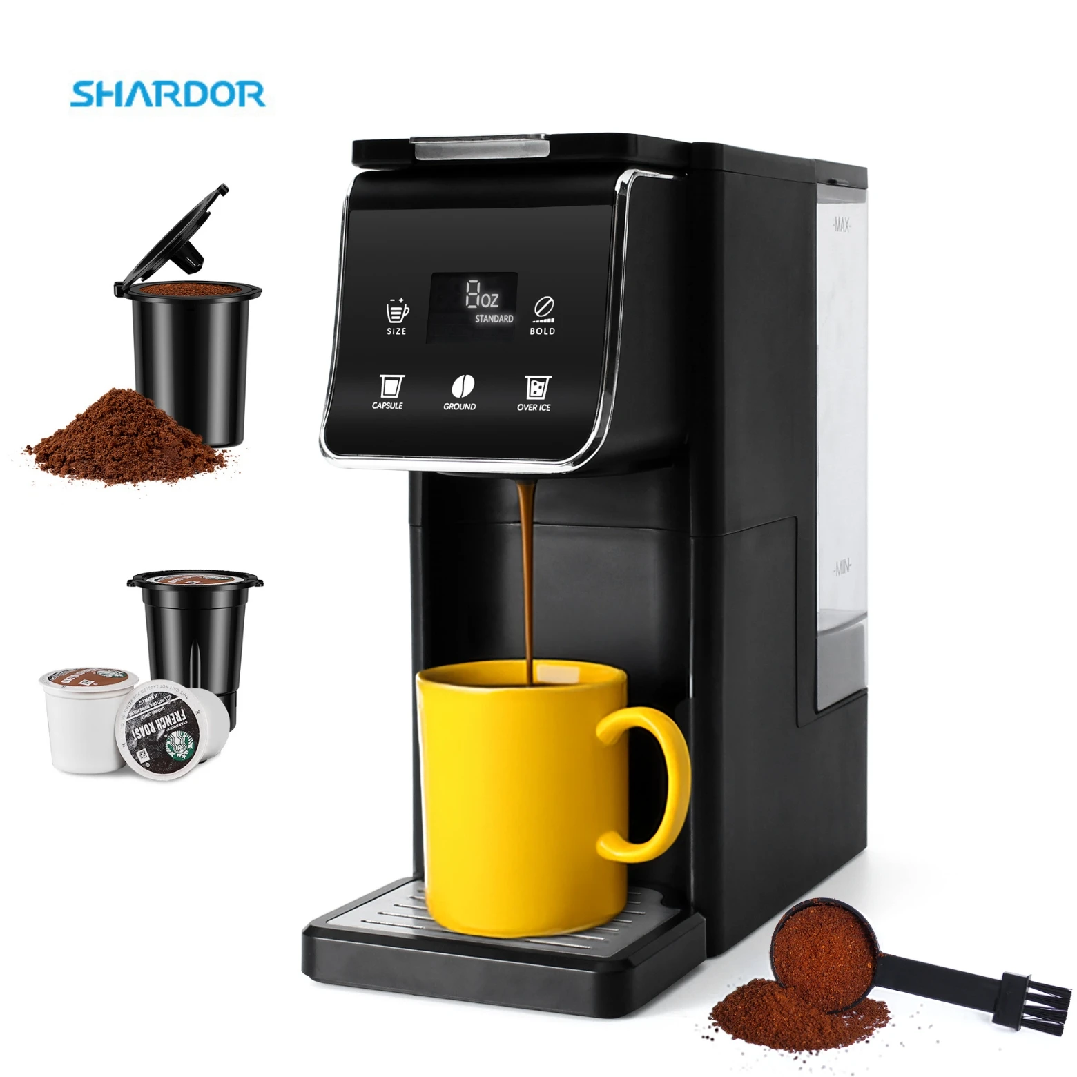 Pod Coffee Maker Compatible with Single-Serve Pods and Ground Coffee 1000W Hot and Iced Coffee Maker
Pod Coffee Maker Compatible with Single-Serve Pods and Ground Coffee 1000W Hot and Iced Coffee Maker