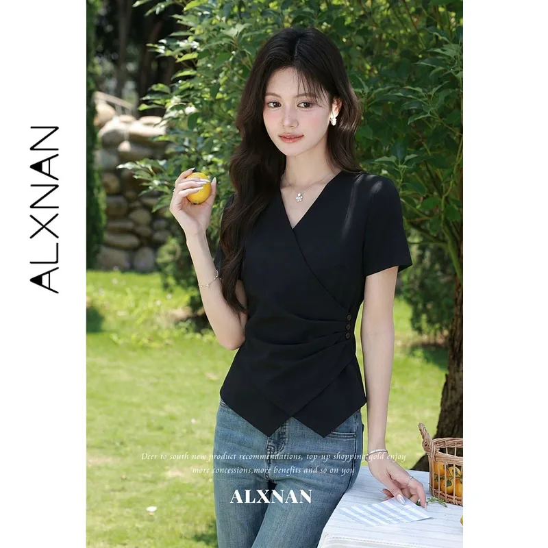 ALXNAN Women's T-shirt 2026 Summer New Black Short Sleeve T-shirts V-neck Ruched Waist Front Slit Cropped Tops Ladies L66386A
ALXNAN Women's T-shirt 2026 Summer New Black Short Sleeve T-shirts V-neck Ruched Waist Front Slit Cropped Tops Ladies L66386A