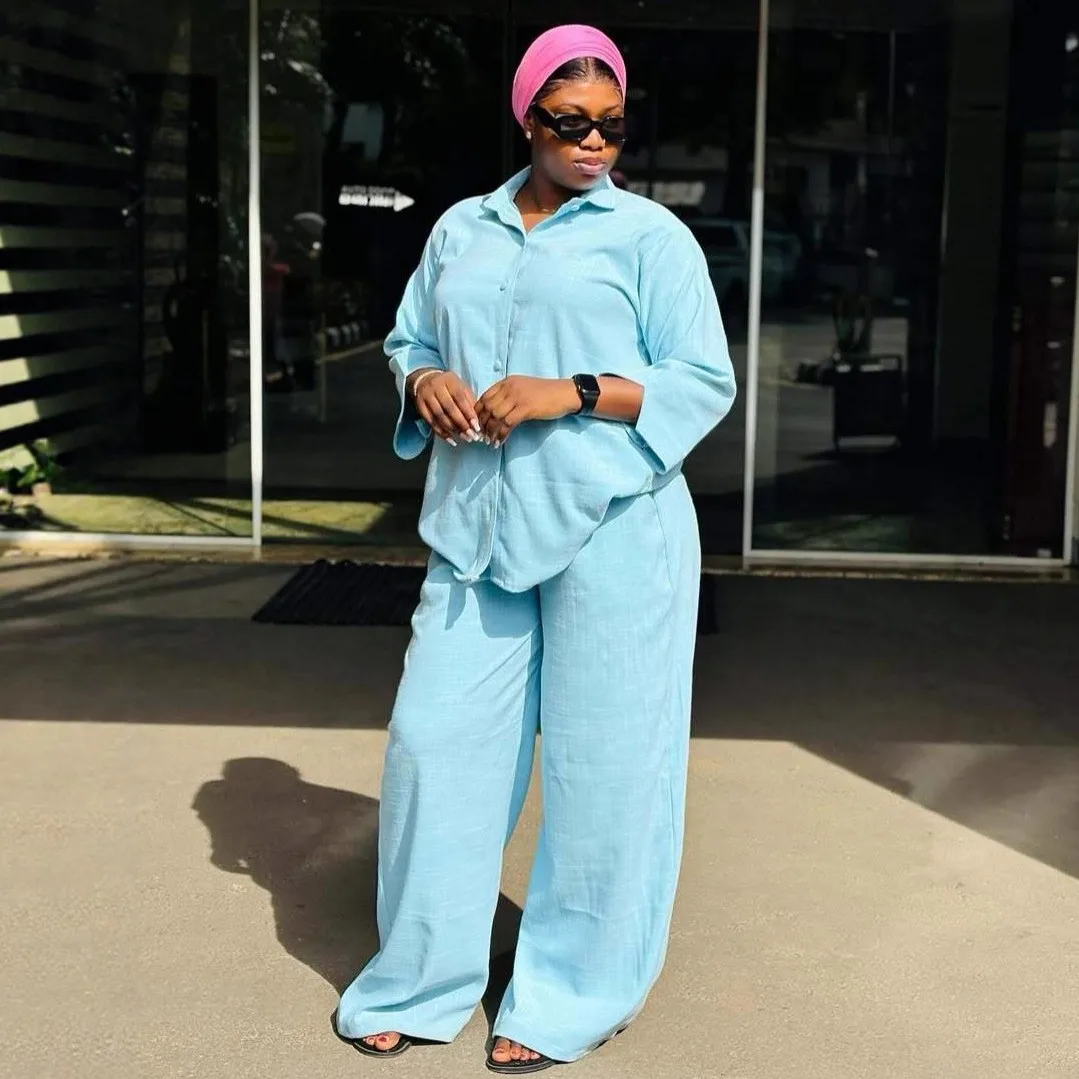 Women Sets Blouse Solid Color Light Blue Washed Shirt Button Front Wide Leg Pants Top Two Piece Set Loose Fit Long Sleeve Blouse
Women Sets Blouse Solid Color Light Blue Washed Shirt Button Front Wide Leg Pants Top Two Piece Set Loose Fit Long Sleeve Blouse