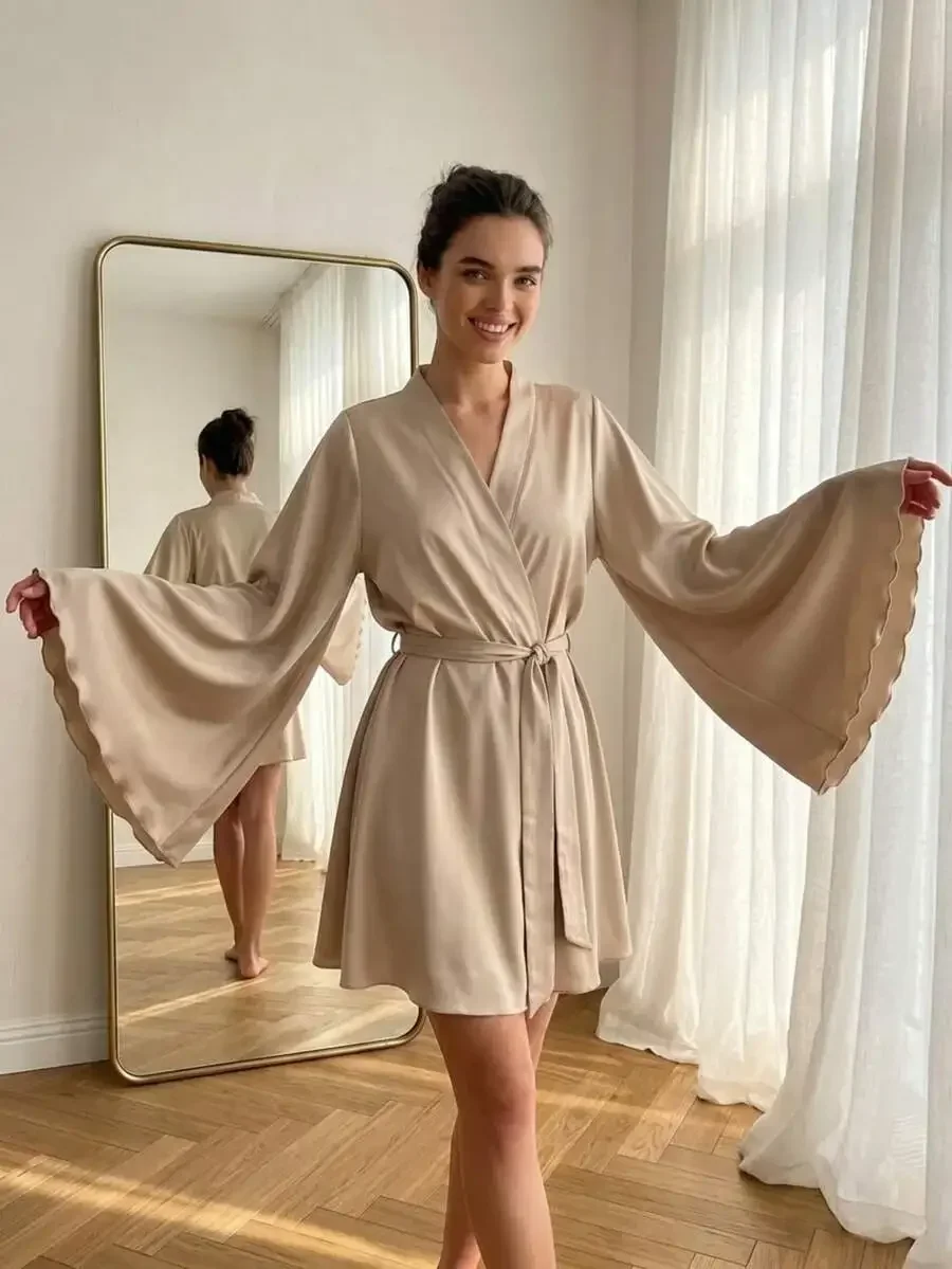 1pc Elegant Women's Bathrobe With Wide Sleeves - Soft & Comfortable Homeware, Perfect For Honeymoon, Spa & Daily Wear
1pc Elegant Women's Bathrobe With Wide Sleeves - Soft & Comfortable Homeware, Perfect For Honeymoon, Spa & Daily Wear