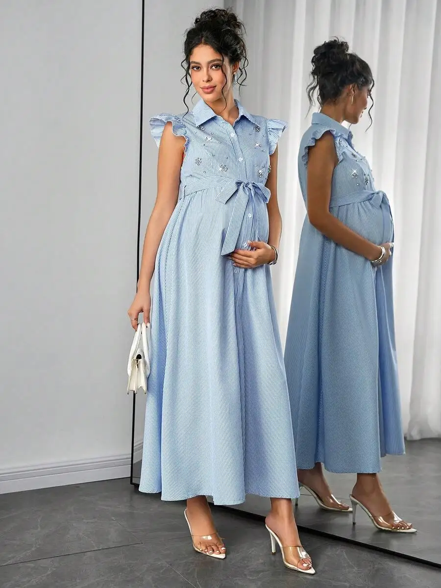 Maternity Striped Dress With Flared Sleeves, Shirt Collar, Button Front, Waist Belt And Bow
Maternity Striped Dress With Flared Sleeves, Shirt Collar, Button Front, Waist Belt And Bow