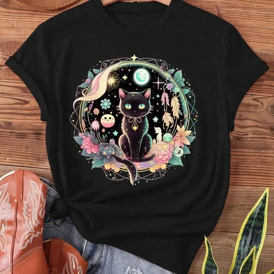 Womens Black Gothic Cat Star Moon Floral Print Short Sleeve Round Neck T-Shirt Casual Plus Size Tee
Womens Black Gothic Cat Star Moon Floral Print Short Sleeve Round Neck T-Shirt Casual Plus Size Tee