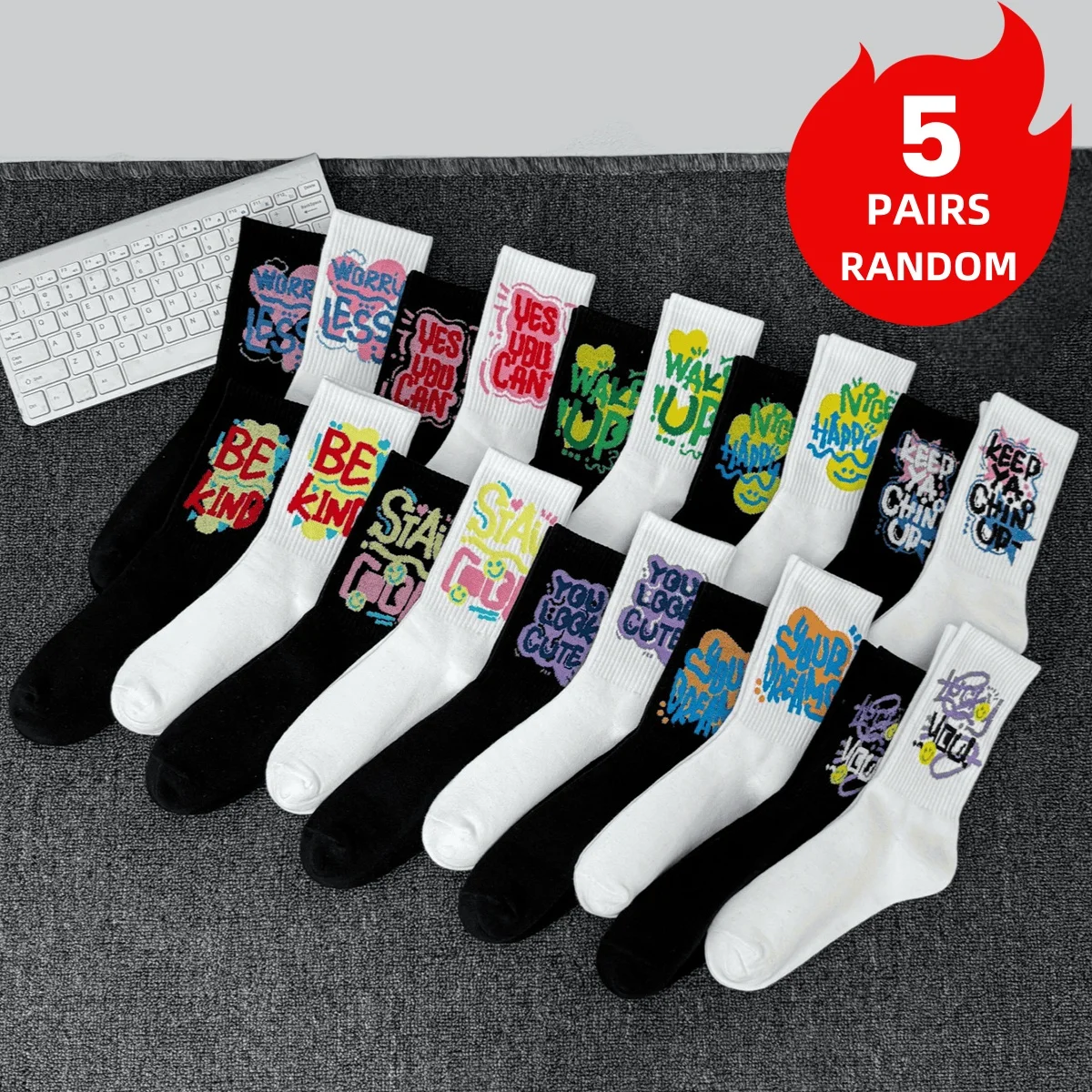 5 Pairs of Men's Crew Socks, Graffiti Style, Unique & Fun, Letter Pattern, Black and White, Moisture-Wicking
5 Pairs of Men's Crew Socks, Graffiti Style, Unique & Fun, Letter Pattern, Black and White, Moisture-Wicking