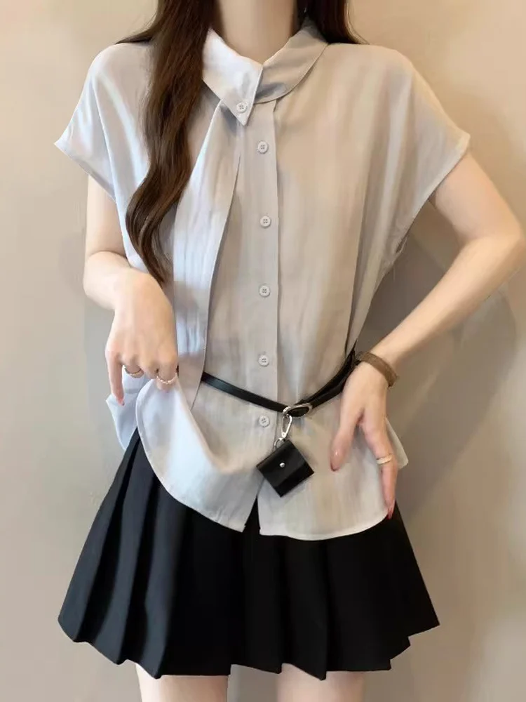 Chic Light Blue Women's Short Sleeve Shirt Summer New Style plus Size Waist Cinched Chiffon Top Korean Style Commute Wind
Chic Light Blue Women's Short Sleeve Shirt Summer New Style plus Size Waist Cinched Chiffon Top Korean Style Commute Wind