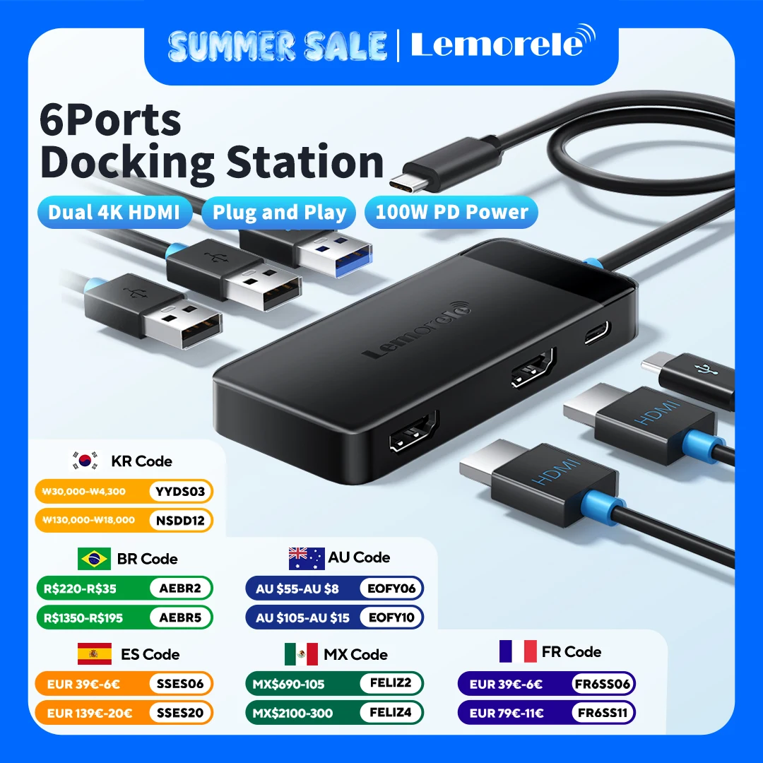 Lemorele TC122 USB C HUB Dual HDMI 4K Docking Station USB 3.0 PD 100W Type C Port for Macbook iPad M2 M1 Steam Deck Laptop
Lemorele TC122 USB C HUB Dual HDMI 4K Docking Station USB 3.0 PD 100W Type C Port for Macbook iPad M2 M1 Steam Deck Laptop