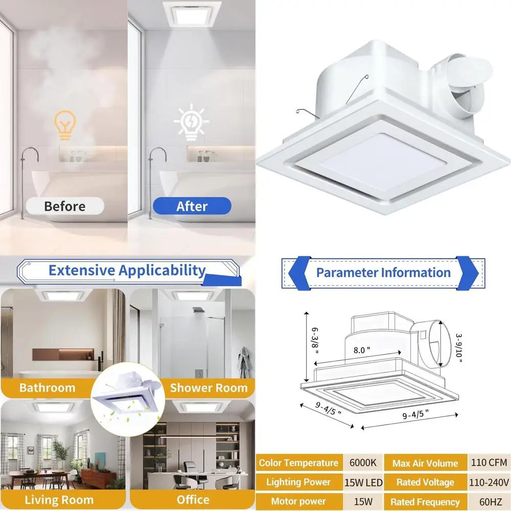 10 LED Lighted Ultra Quiet Bathroom Exhaust Fan, Ceiling Mount, 1.0 Sones, 110 CFM, 4 Duct, 8x8 Mount
10 LED Lighted Ultra Quiet Bathroom Exhaust Fan, Ceiling Mount, 1.0 Sones, 110 CFM, 4 Duct, 8x8 Mount
