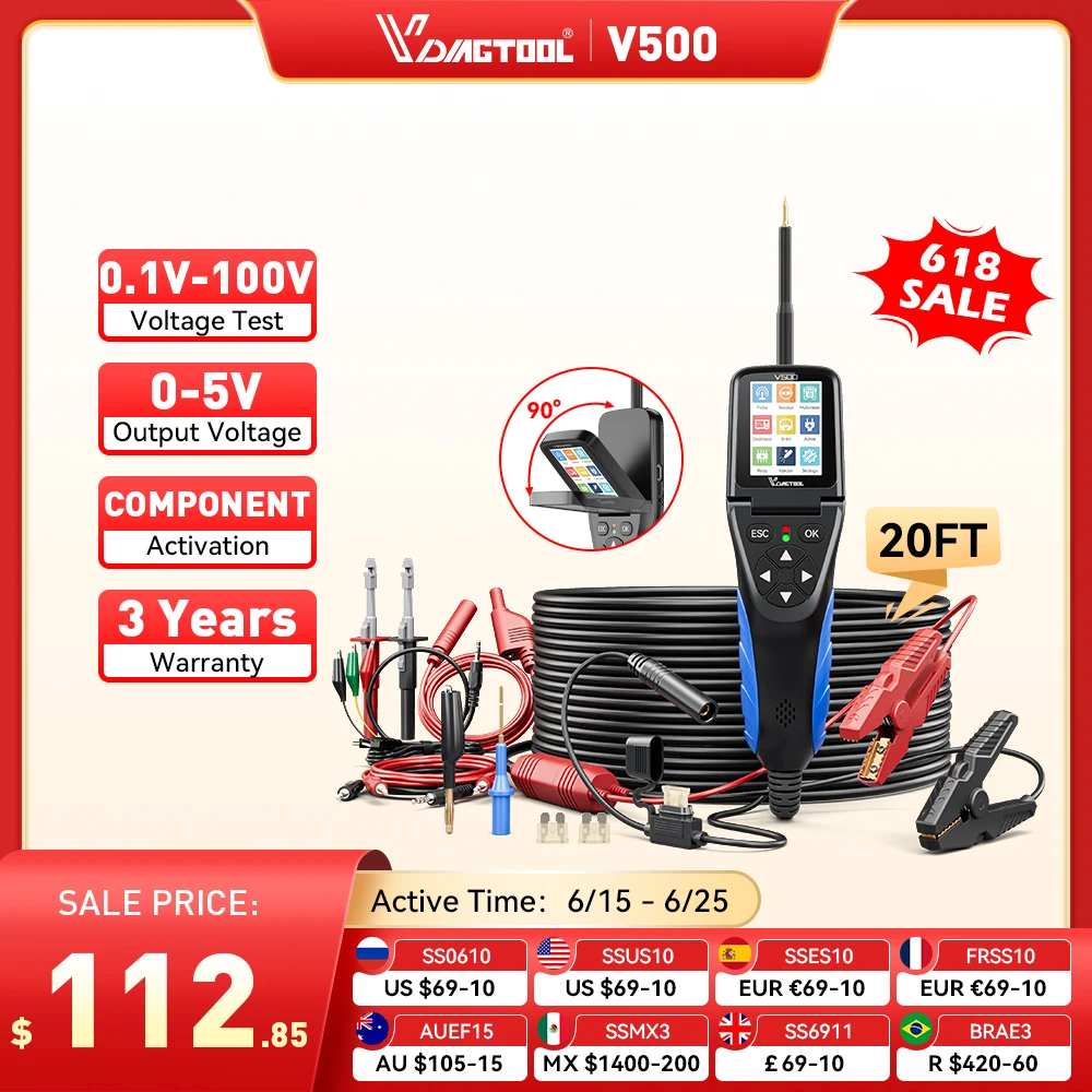 VDIAGTOOL V500 12V 24V Circuit Tester 0.1~100V Circuit Probe Kit Automotive Multimeter Electrical System Diagnostic Tools
VDIAGTOOL V500 12V 24V Circuit Tester 0.1~100V Circuit Probe Kit Automotive Multimeter Electrical System Diagnostic Tools