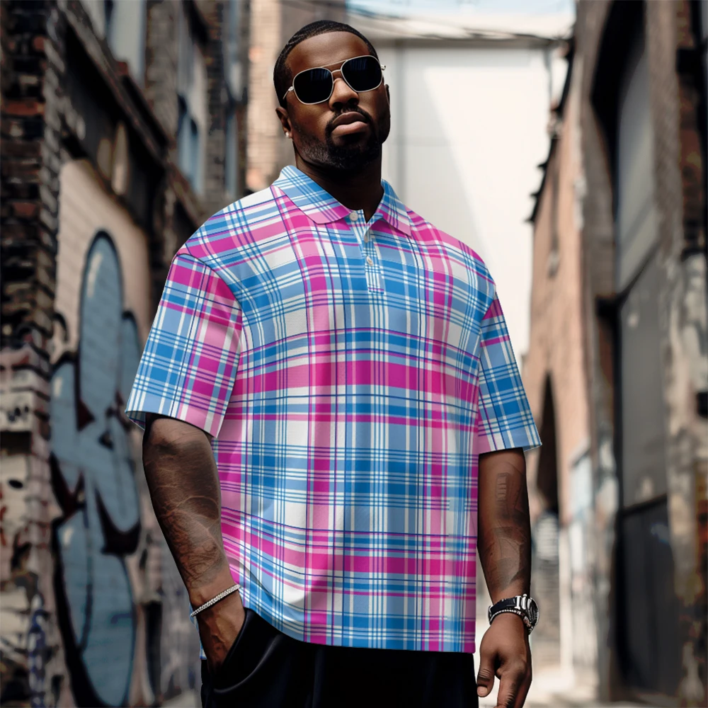 Large men's summer short sleeved lapel Powder blue cross stripe color printing short sleeve Daily casual button polo shirt
Large men's summer short sleeved lapel Powder blue cross stripe color printing short sleeve Daily casual button polo shirt