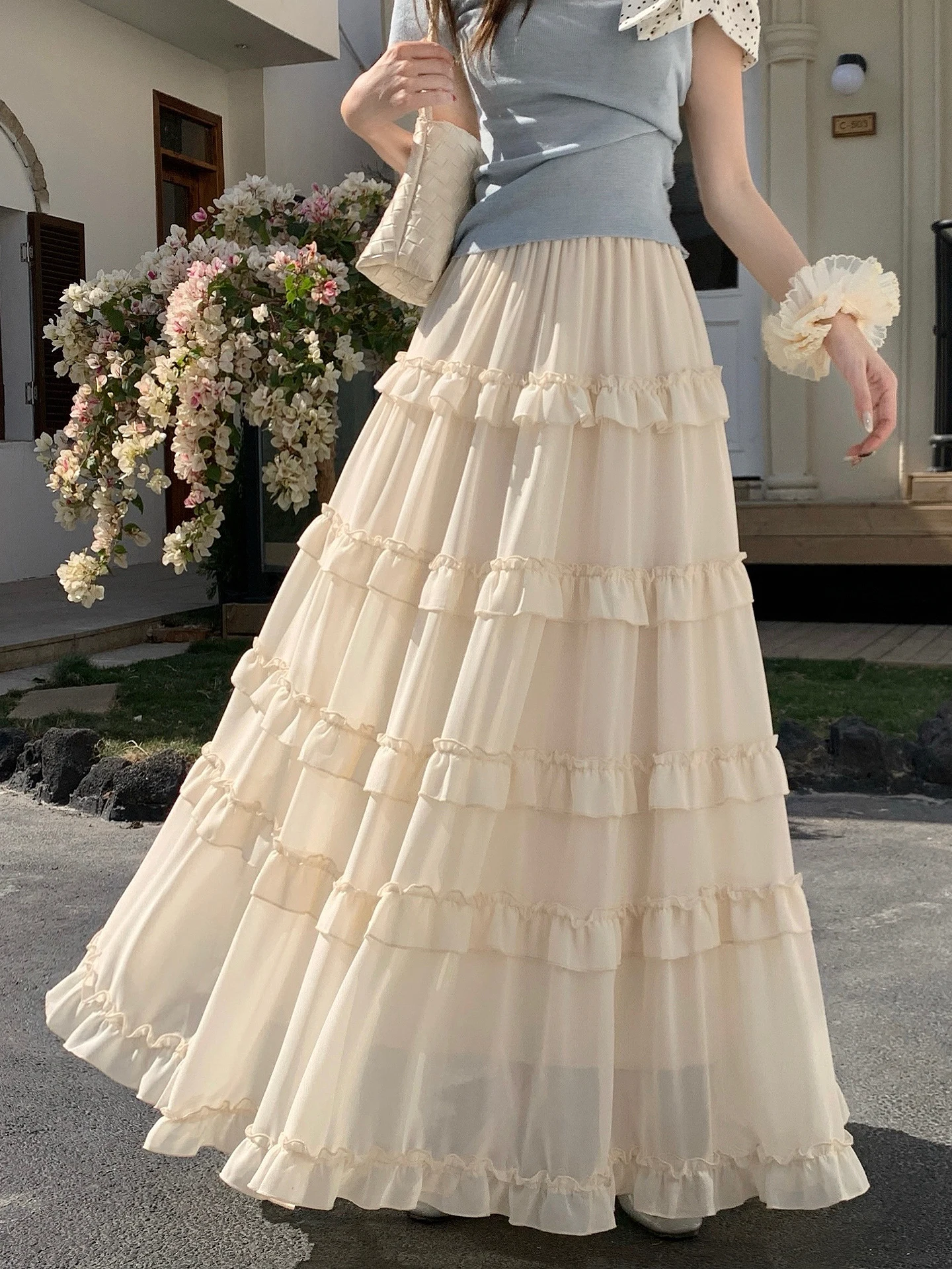 Ele High Waist A-Line Skirt with Wood ain Ruffle Design Spring New Sle Women's Chiffon f-length Umbrella Skirt
Ele High Waist A-Line Skirt with Wood ain Ruffle Design Spring New Sle Women's Chiffon f-length Umbrella Skirt