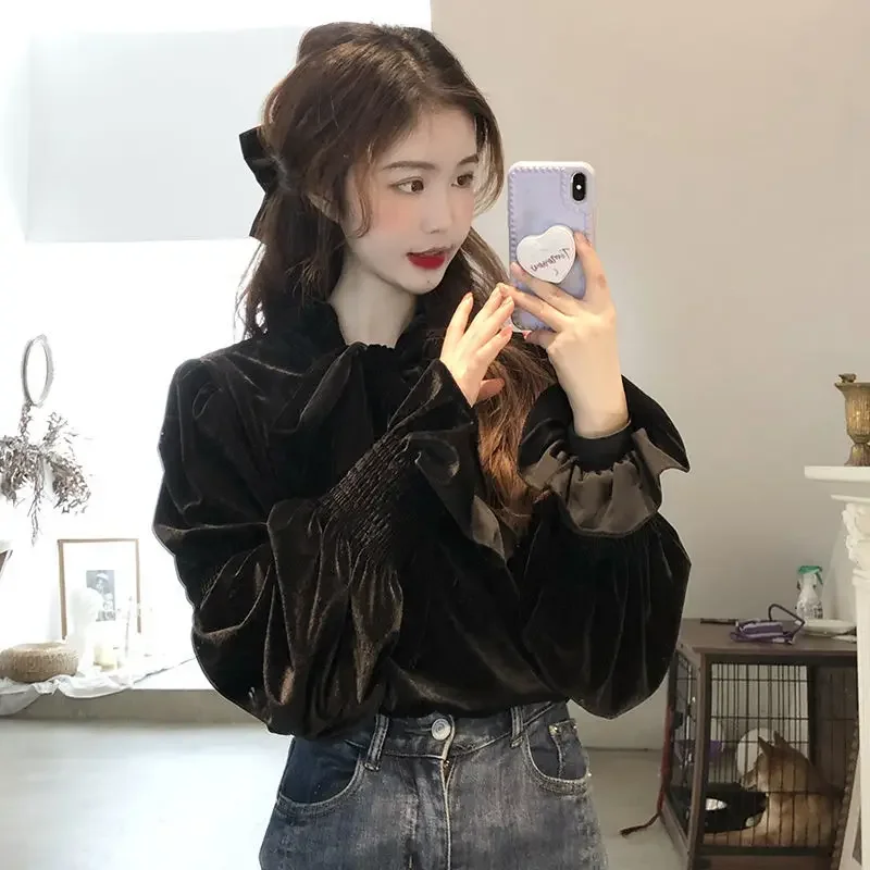 Designed and Elegant Puff-sleeved Velvet Shirt Women New Bow Tie Long-sleeved Top
Designed and Elegant Puff-sleeved Velvet Shirt Women New Bow Tie Long-sleeved Top