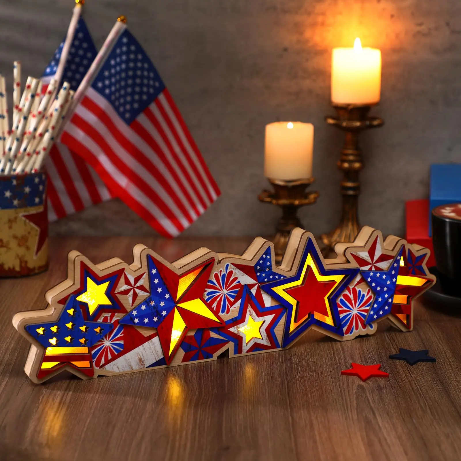 4th of July Wooden Tabletop Lighted Decoration Independence Day Sign Patriotic Centerpiece Wood Plaque Free Standing Wooden Sign for 250th Anniversary Memorial Day Table Party
4th of July Wooden Tabletop Lighted Decoration Independence Day Sign Patriotic Centerpiece Wood Plaque Free Standing Wooden Sign for 250th Anniversary Memorial Day Table Party
