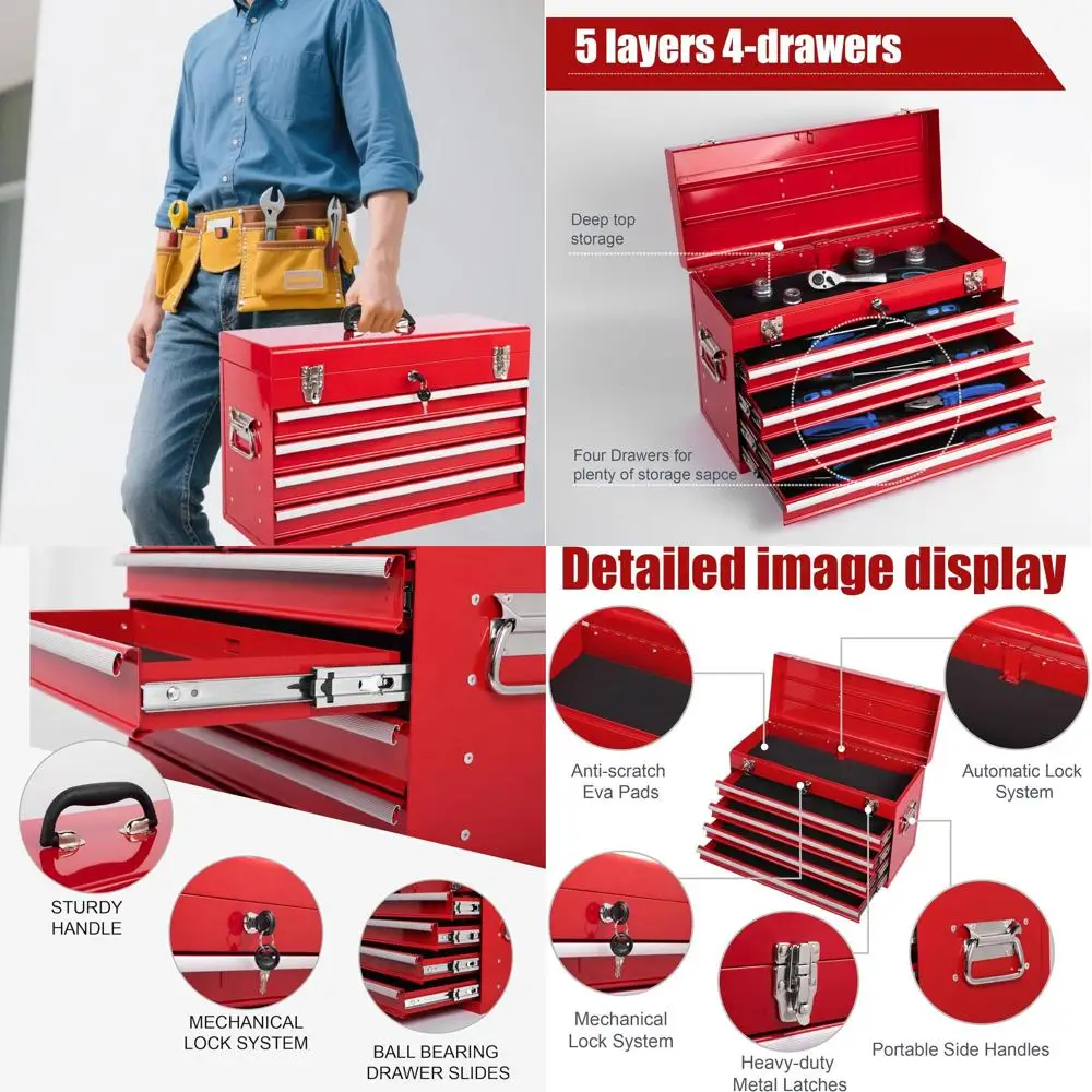 4-Drawer Metal Tool Chest with Cylinder Lock, 21 Steel Storage Box Organizer for Home & Auto Repair
4-Drawer Metal Tool Chest with Cylinder Lock, 21 Steel Storage Box Organizer for Home & Auto Repair