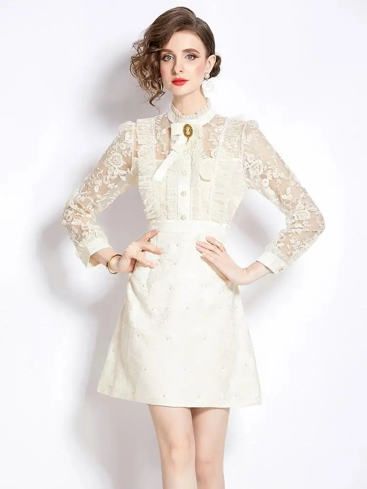 Woman's Stand Bowknot Long Sleeve Beading Beige A-Line Mini Dresses Elegant Flower Embroidery Lace Patchwork Jacquard Clothing
Woman's Stand Bowknot Long Sleeve Beading Beige A-Line Mini Dresses Elegant Flower Embroidery Lace Patchwork Jacquard Clothing