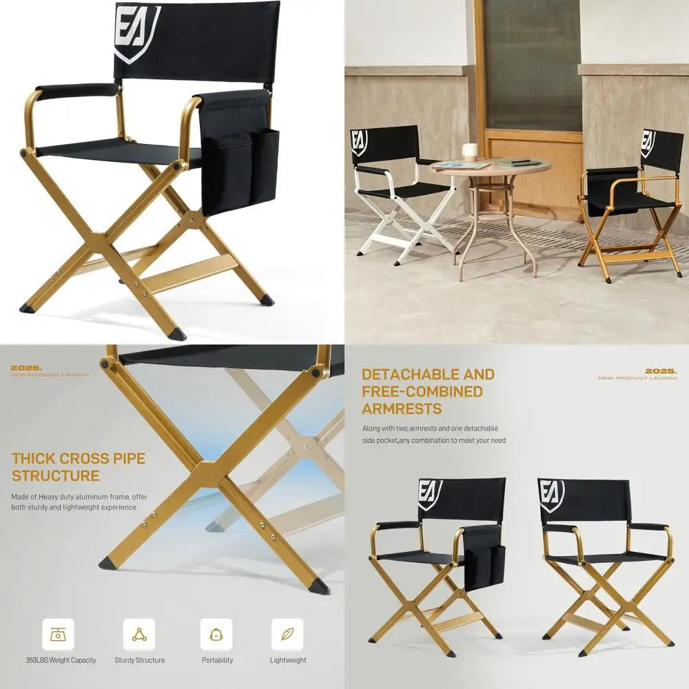 Folding Aluminum Chair with Black Fabric Seat and Gold Frame, Ideal for Camping, Events, and Movie Sets, Supports Up to 350lbs
Folding Aluminum Chair with Black Fabric Seat and Gold Frame, Ideal for Camping, Events, and Movie Sets, Supports Up to 350lbs