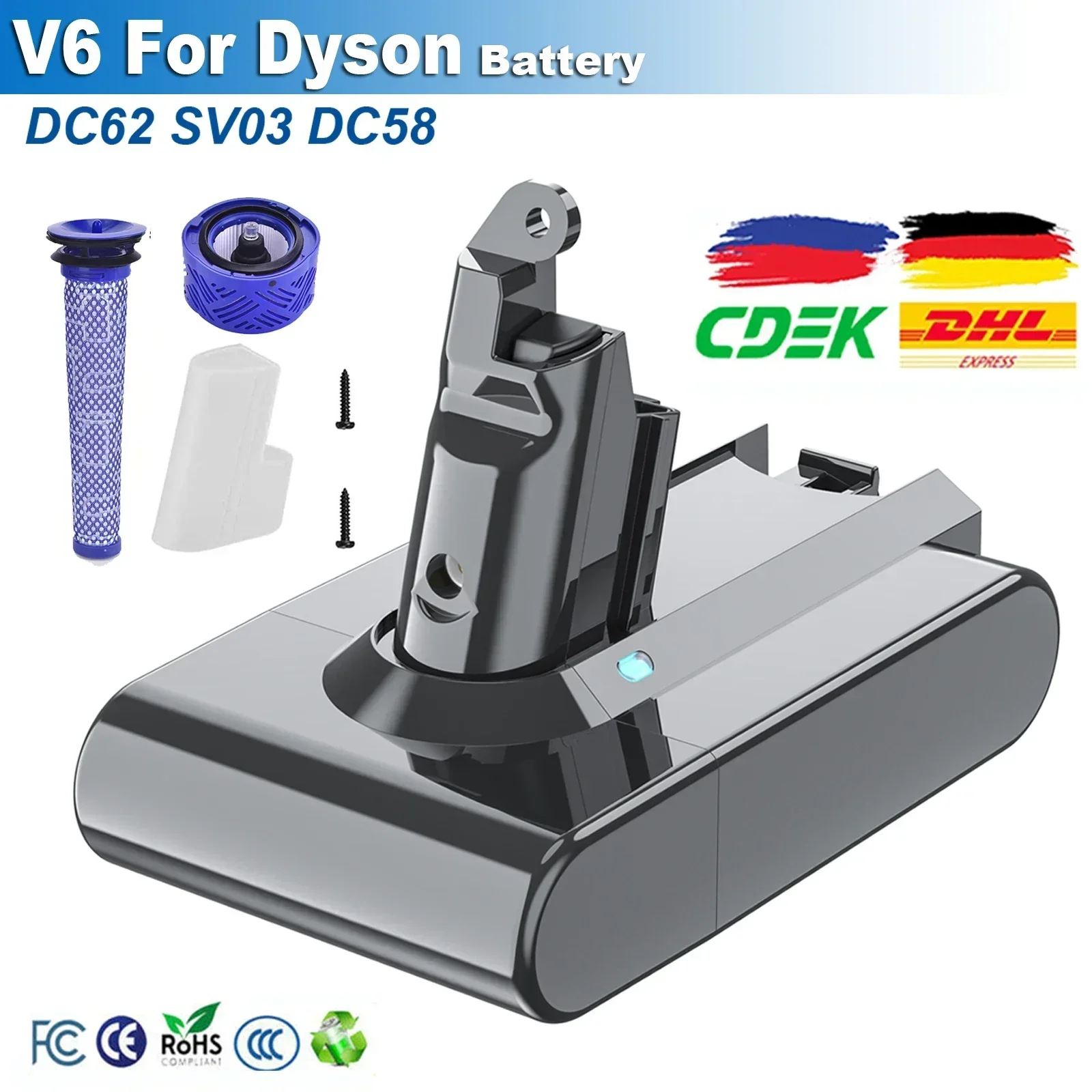 21.6V 12800mAh Dyson V6 Battery - Works with DC58, DC59, DC62, SV03-SV09, Animal, Motorhead, Slim, Absolute Vacuums
21.6V 12800mAh Dyson V6 Battery - Works with DC58, DC59, DC62, SV03-SV09, Animal, Motorhead, Slim, Absolute Vacuums