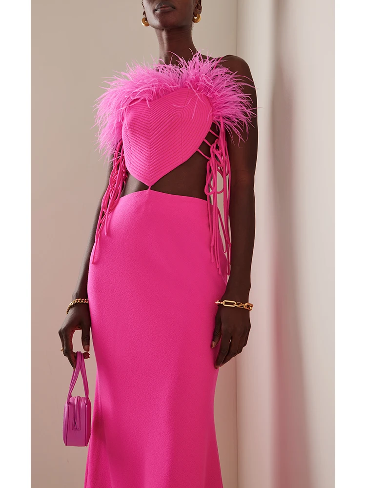 Sexy Spaghetti Strap Feather Hollow Out Lace-up Bandage Dress Women Rose Red Sleeveless Backless Bodycon Midi Dress Evening Part
Sexy Spaghetti Strap Feather Hollow Out Lace-up Bandage Dress Women Rose Red Sleeveless Backless Bodycon Midi Dress Evening Part