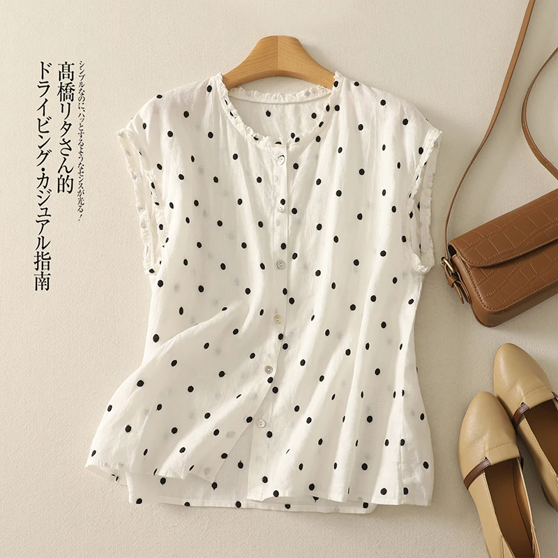 Cotton Polka Dot Printed Cardigan Female Summer New Korean Fashion Temperament Elegant Sleeveless Ruffled Collar Casual Shirt
Cotton Polka Dot Printed Cardigan Female Summer New Korean Fashion Temperament Elegant Sleeveless Ruffled Collar Casual Shirt