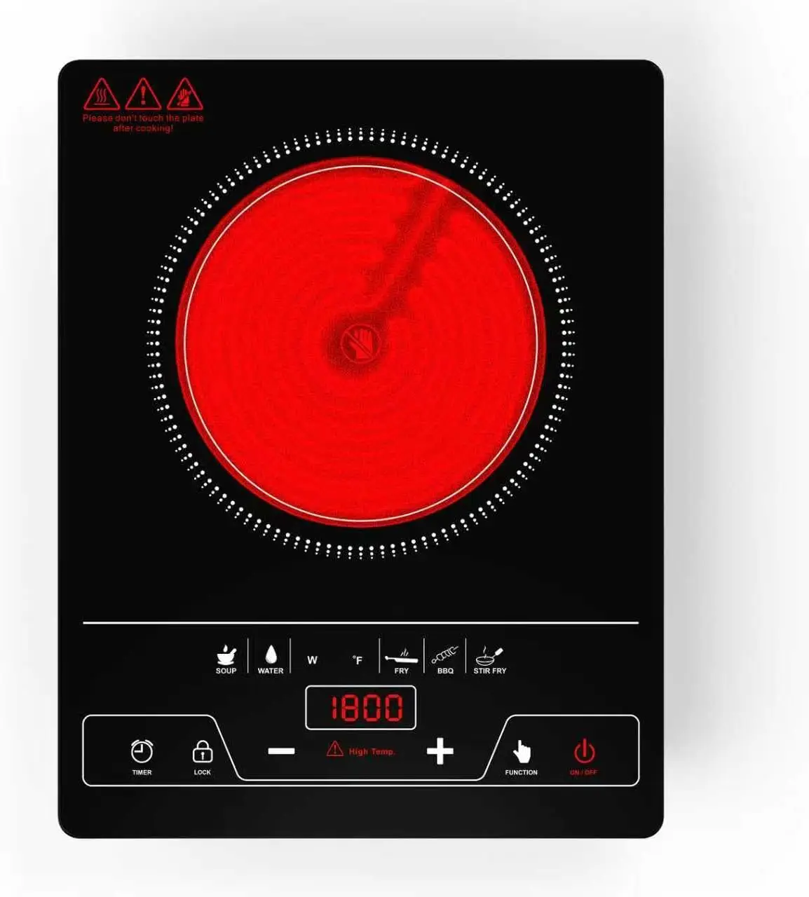 1800W Portable Electric Cooktop with LED Touch Control, 8 Power Levels & Child Safety Lock
1800W Portable Electric Cooktop with LED Touch Control, 8 Power Levels & Child Safety Lock