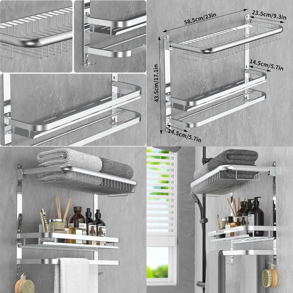 23.22 Inch Stainless Steel Wall Mounted Towel Rack with Shower Shelves, No Drilling Required (Silver)
23.22 Inch Stainless Steel Wall Mounted Towel Rack with Shower Shelves, No Drilling Required (Silver)
