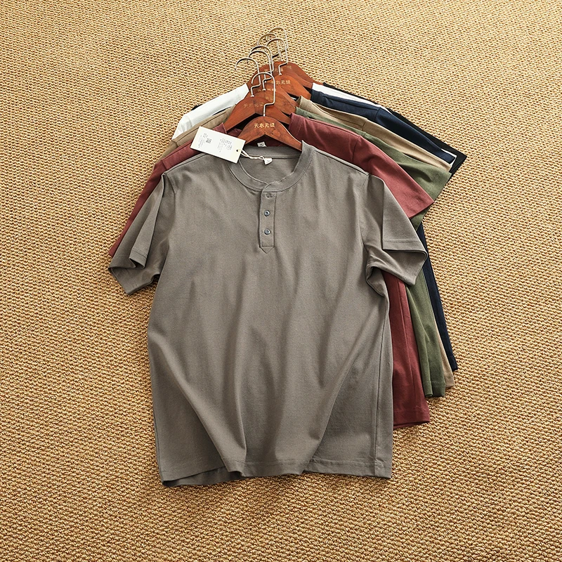 2025 Summer Men's 250gsm Mid-weight Pure Cotton American-style Henley Neck T-Shirt Vintage Buttoned Placket Design Rugged Tees
2025 Summer Men's 250gsm Mid-weight Pure Cotton American-style Henley Neck T-Shirt Vintage Buttoned Placket Design Rugged Tees