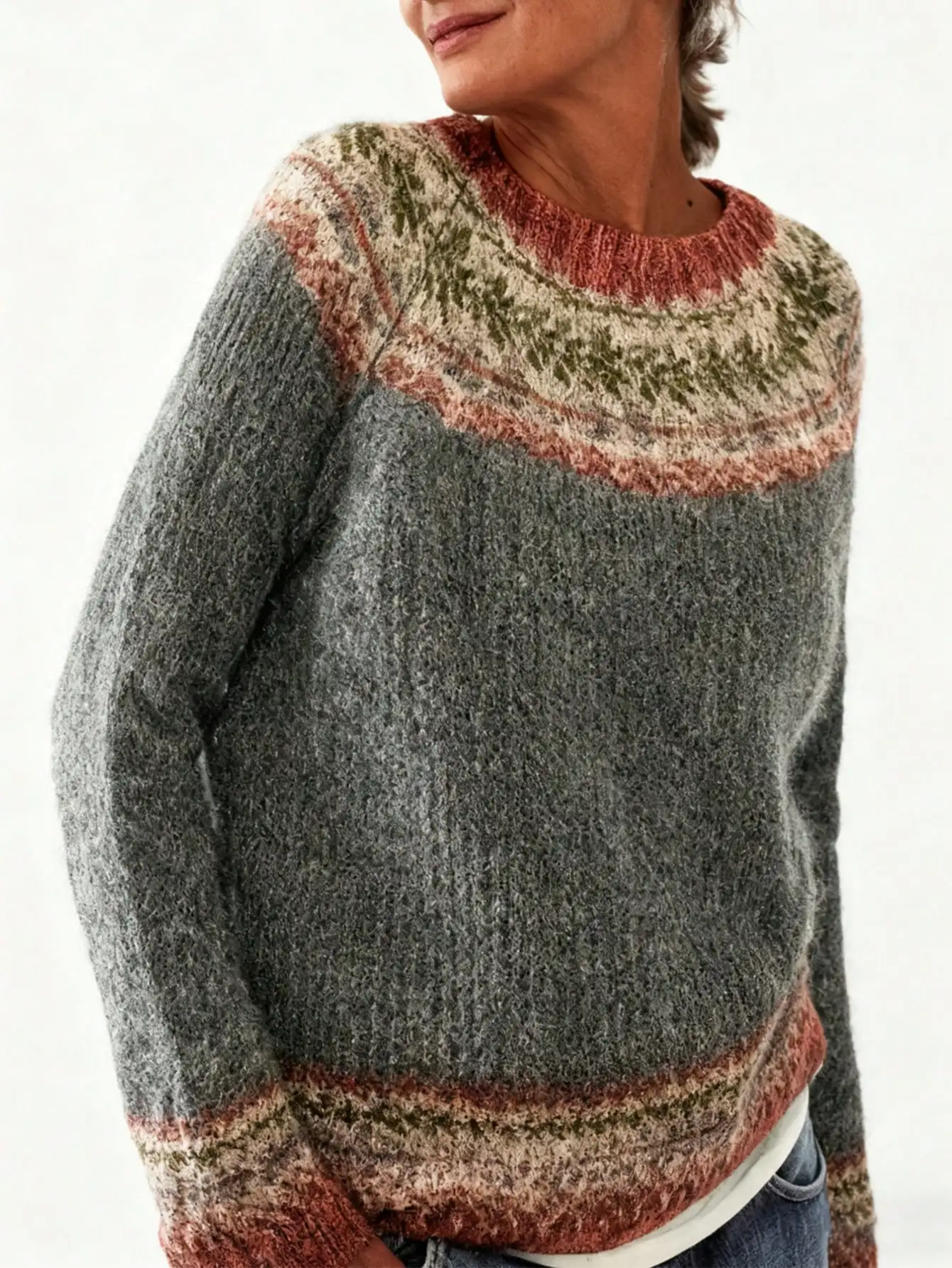 Женский уютный вязаный свитер с скандинавским узором, повседневный топ с длинными рукавами для осени и зимы
Женский уютный вязаный свитер с скандинавским узором, повседневный топ с длинными рукавами для осени и зимы