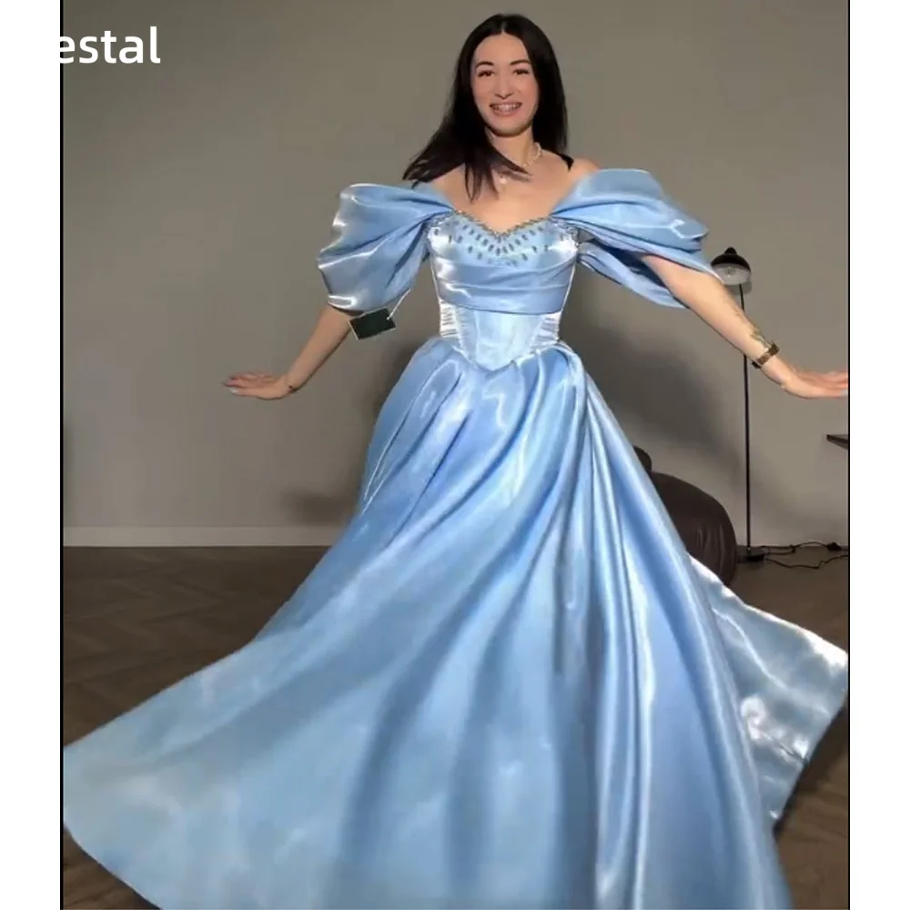 Vestal Blue Off the Shoulder Evening Dress Satin Corset Prom Dress with Puff Sleeves Rhinestone Ball Gown Birthday Customized
Vestal Blue Off the Shoulder Evening Dress Satin Corset Prom Dress with Puff Sleeves Rhinestone Ball Gown Birthday Customized