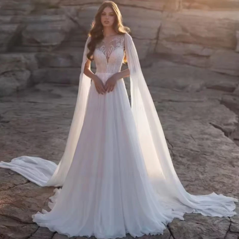 Elegant Wedding Dresses with Cape O-Neck Sleeveless Muslim Bride Dress Appliques Draped Sweep Train Bridal Gowns Customized
Elegant Wedding Dresses with Cape O-Neck Sleeveless Muslim Bride Dress Appliques Draped Sweep Train Bridal Gowns Customized