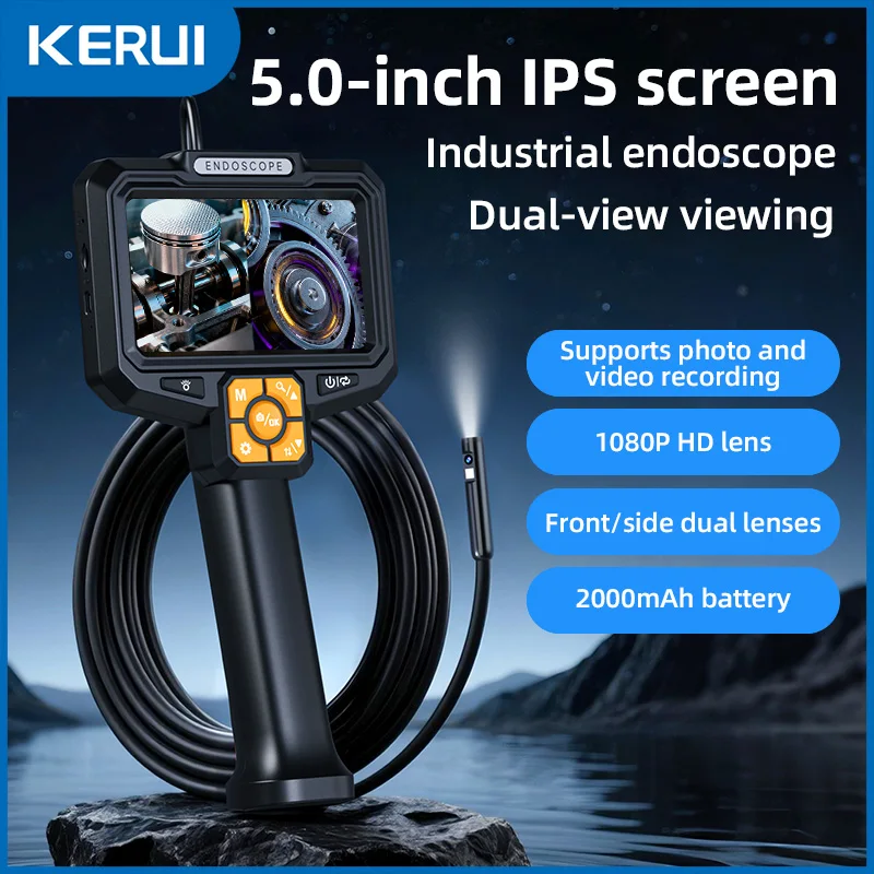 KERUI 5 Inch IPS Screen Industrial Endoscope Camera Dual Lens Dual View 1080P Pipe Inspection Borescope For Checking Car Sewer