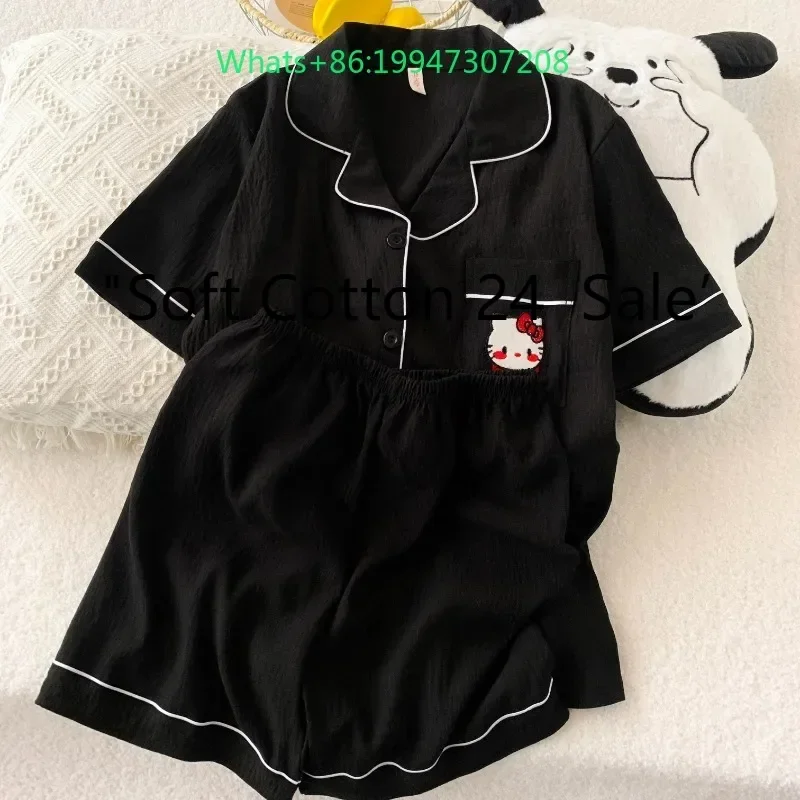 Summer new black cloud cotton cardigan lapel cartoon Hello Kitty pajamas short sleeves shorts women's loungewear two-piece set
Summer new black cloud cotton cardigan lapel cartoon Hello Kitty pajamas short sleeves shorts women's loungewear two-piece set