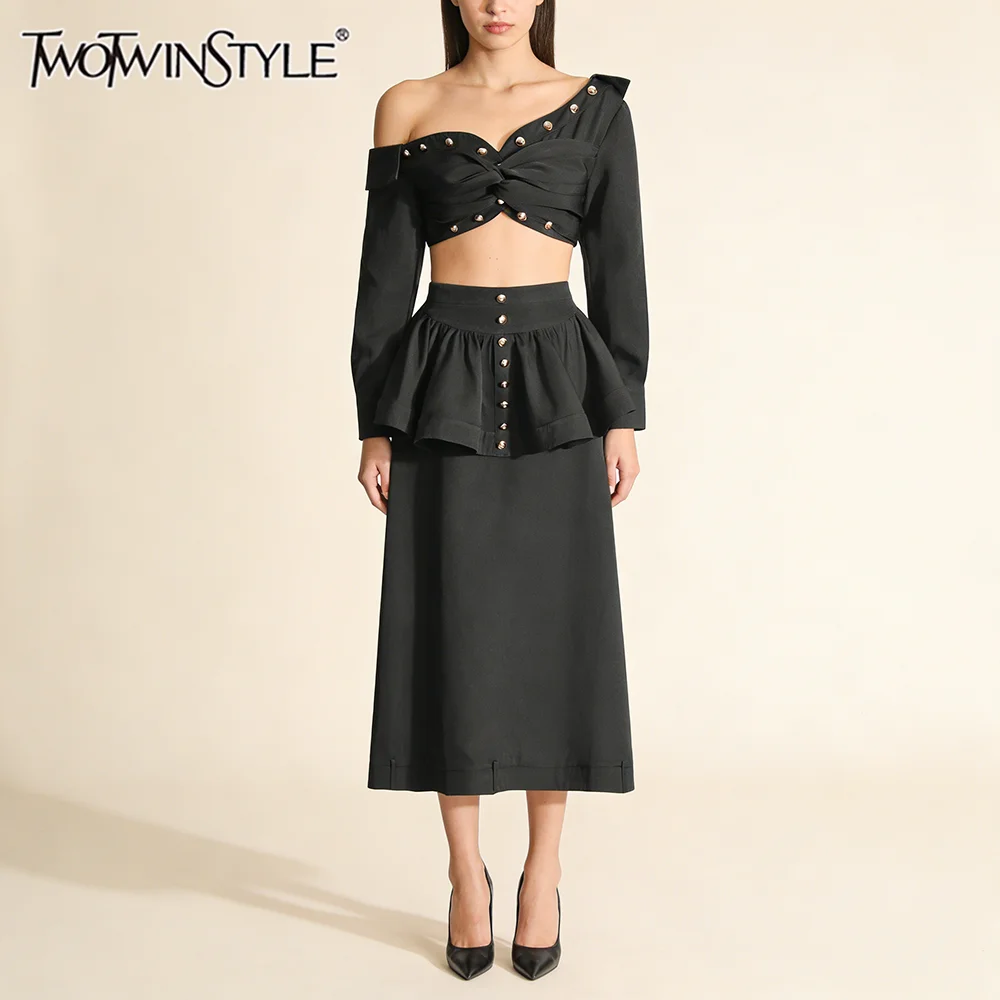 TWOTWINSTYLE Black Rivet Accent Two Piece Set for Women Off One Shoulder Cropped Top Ruffled Midi Skirt Suit for Fashion Parties
TWOTWINSTYLE Black Rivet Accent Two Piece Set for Women Off One Shoulder Cropped Top Ruffled Midi Skirt Suit for Fashion Parties