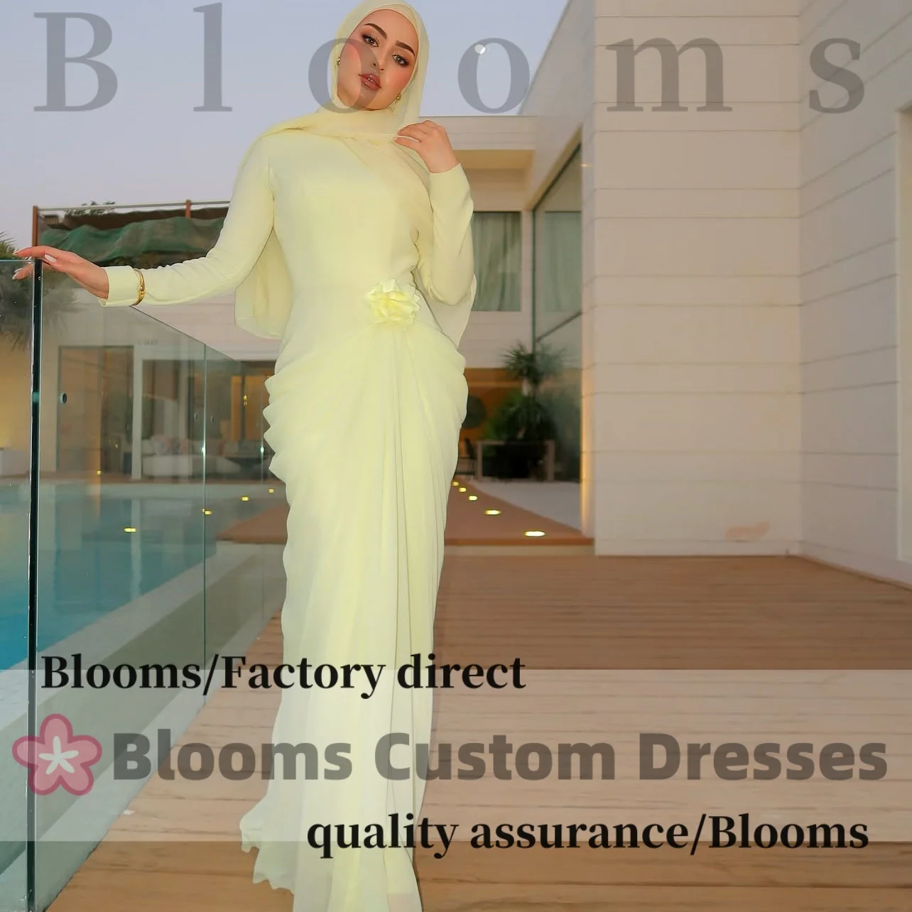 Blooms Customized Light Yellow Muslim Prom Dresses Long Sleeves Pleated Flower Evening Dresses Floor-Length Formal Gown
Blooms Customized Light Yellow Muslim Prom Dresses Long Sleeves Pleated Flower Evening Dresses Floor-Length Formal Gown
