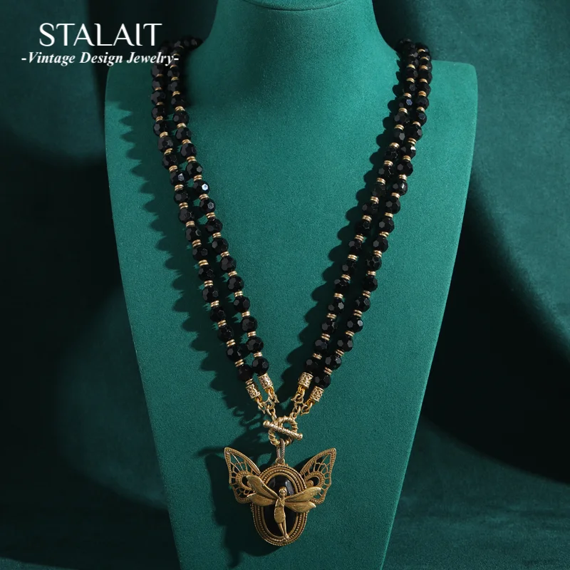 Vintage Black Agate Beads Layered Necklace Gold Color Fairy Wings Pendant Woman Jewelry High Quality Luxury Designer Jewelry
Vintage Black Agate Beads Layered Necklace Gold Color Fairy Wings Pendant Woman Jewelry High Quality Luxury Designer Jewelry