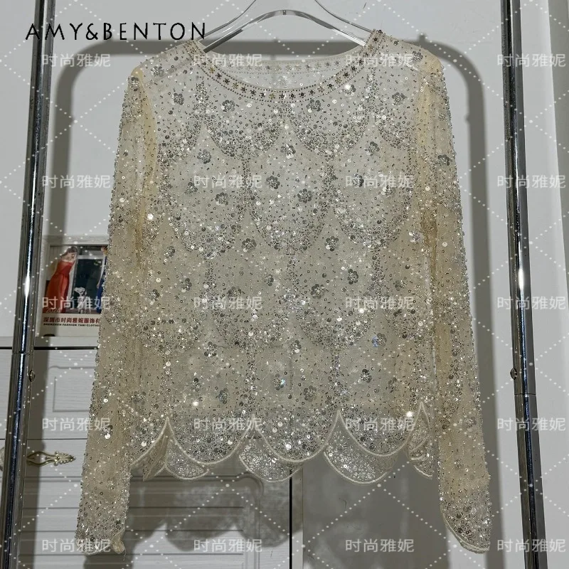 Luxury Sequin Lace Blouse 2026 Spring Women's Long Sleeved O-Neck Slimming Elegant Shirt Romantic Chic Beaded Pearl Top Blusas
Luxury Sequin Lace Blouse 2026 Spring Women's Long Sleeved O-Neck Slimming Elegant Shirt Romantic Chic Beaded Pearl Top Blusas