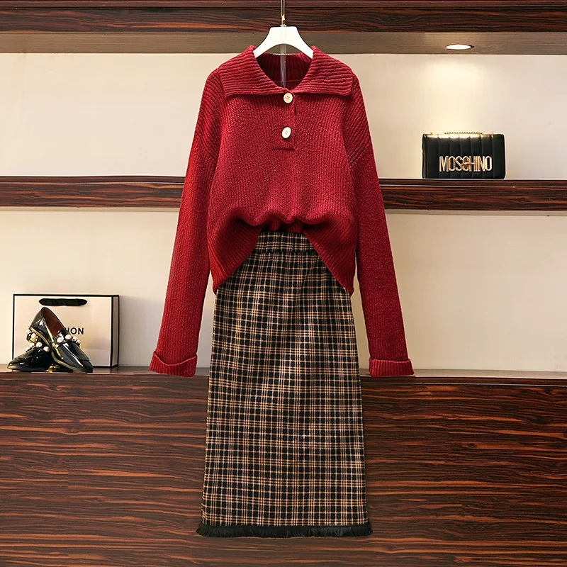 Casual Two-piece Set For Women Loose Knit Sweater Tops And Tassel Plaid Skirt Large Size 4XL Female Spring Autumn Matching Suits
Casual Two-piece Set For Women Loose Knit Sweater Tops And Tassel Plaid Skirt Large Size 4XL Female Spring Autumn Matching Suits