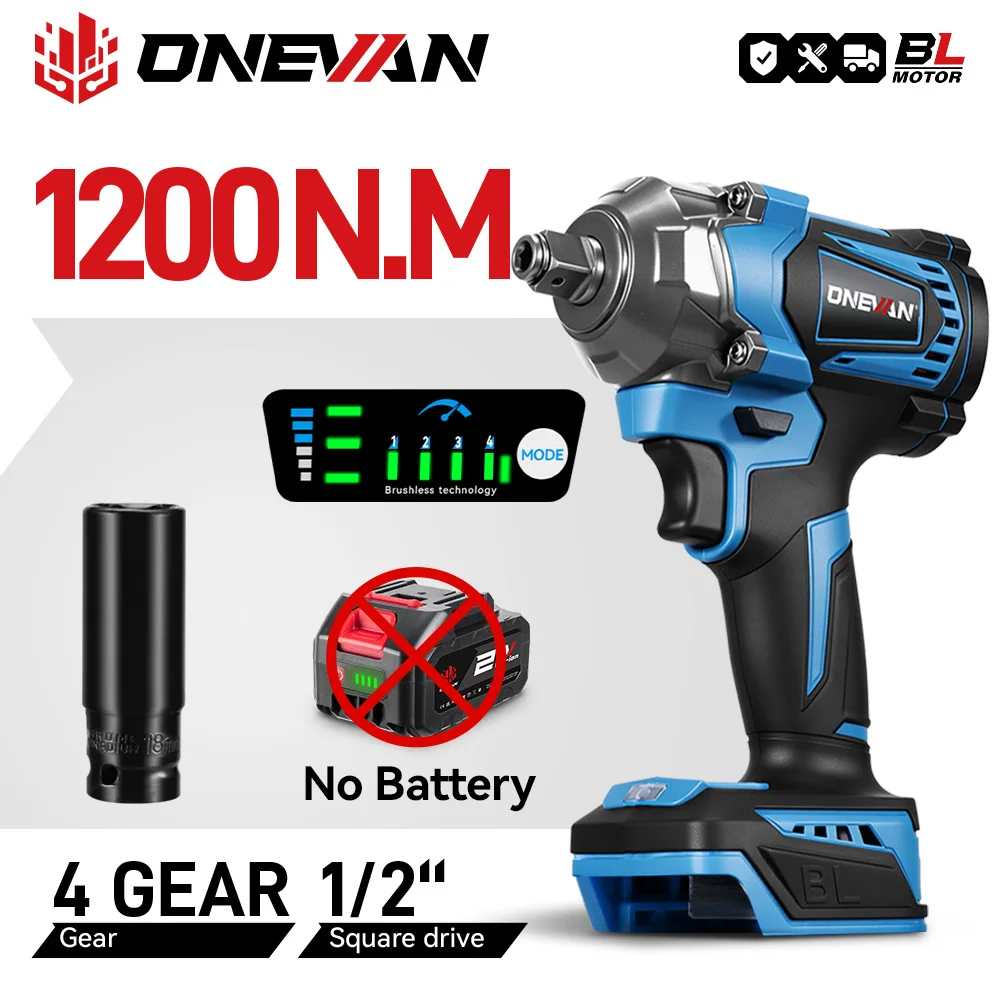 ONEVAN 4 Gears 1200N.M Brushless Electric Impact Wrench 1/2 inch Cordless Screwdriver Electric Drill Tool For Makita Battery Pin
ONEVAN 4 Gears 1200N.M Brushless Electric Impact Wrench 1/2 inch Cordless Screwdriver Electric Drill Tool For Makita Battery Pin