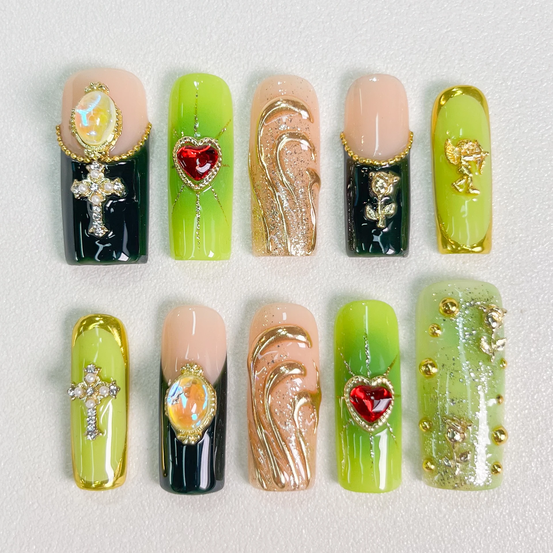 New Green Gradual Change Style Handmade Fake Nails Trapezoidal Heavy Industry Design Press on Nails Love Embellishment Nail Art
New Green Gradual Change Style Handmade Fake Nails Trapezoidal Heavy Industry Design Press on Nails Love Embellishment Nail Art