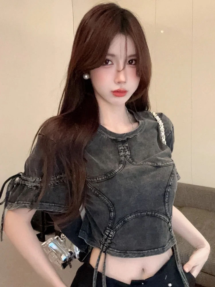 Retro Style Short Sleeve T-Shirt Women's Summer New Belly Button Baring round Neck Drawstring Design Worn for City Walk
Retro Style Short Sleeve T-Shirt Women's Summer New Belly Button Baring round Neck Drawstring Design Worn for City Walk