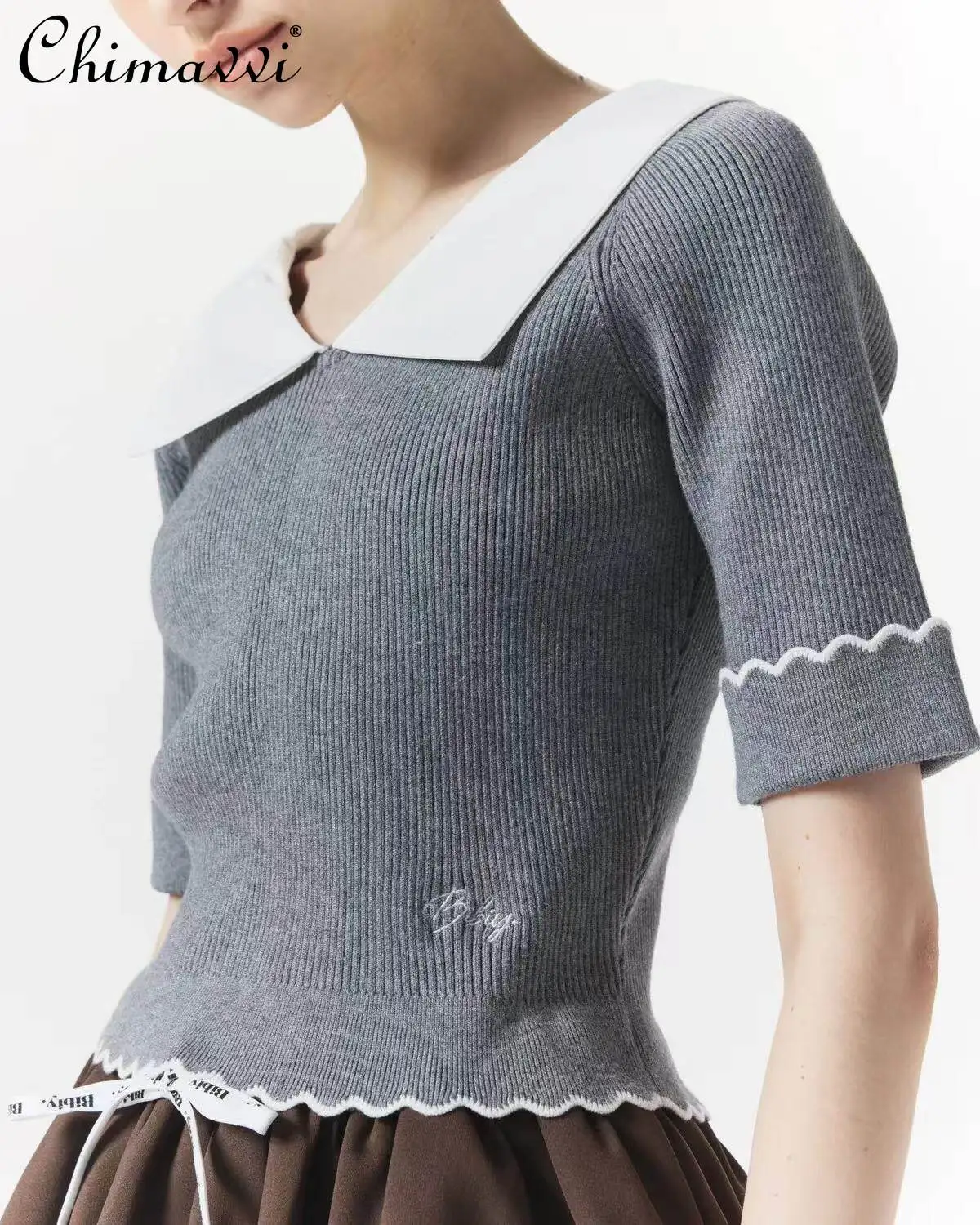 Japanese Style Fashion Wavy Edge Cute Lapel Short-sleeved Knitting Tops Summer New Women's Silm Elegant Pullover Shirt
Japanese Style Fashion Wavy Edge Cute Lapel Short-sleeved Knitting Tops Summer New Women's Silm Elegant Pullover Shirt