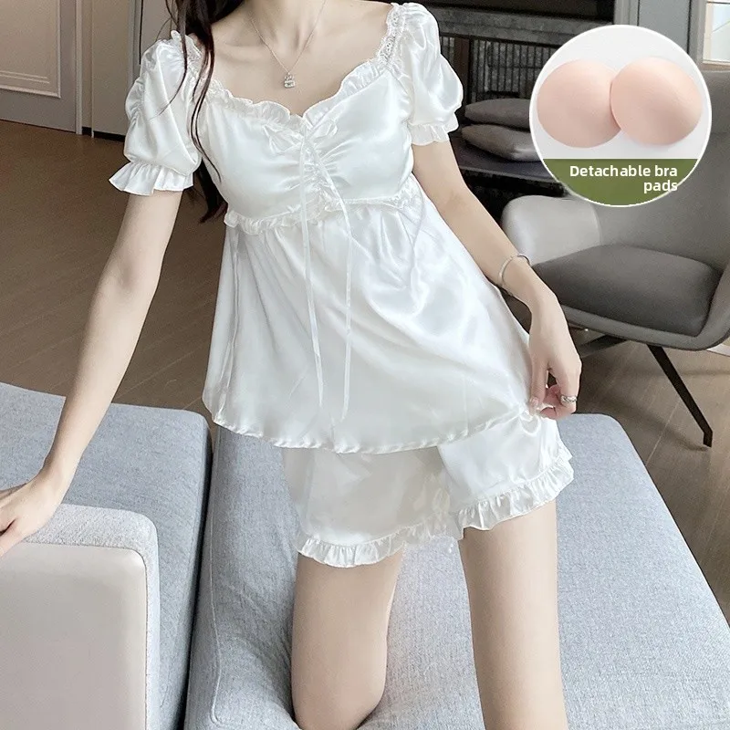Summer Ice Silk Thin Short Sleeve Sleepwear Set with Chest Pad Women's Home Clothes V-neck Pure Color Breathable Comfortable
Summer Ice Silk Thin Short Sleeve Sleepwear Set with Chest Pad Women's Home Clothes V-neck Pure Color Breathable Comfortable