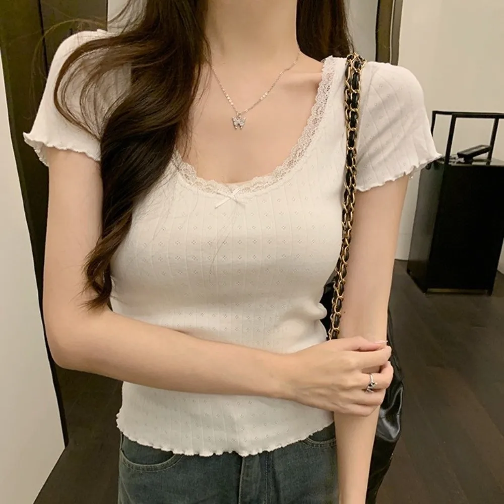 Chic Short Sleeve Slim Fit Crop Top Ins Sweet Summer T-shirt Women Ruffle Lace Bow T-shirt Lady
Chic Short Sleeve Slim Fit Crop Top Ins Sweet Summer T-shirt Women Ruffle Lace Bow T-shirt Lady