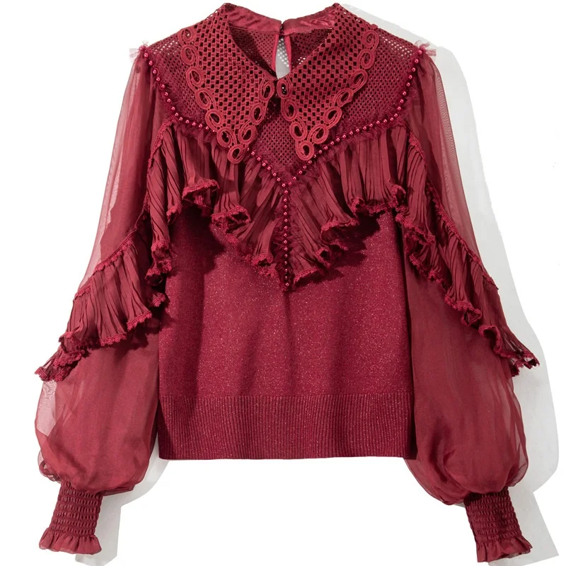 High Quality Brand Sweaters 2022 Autumn Winter Jumpers Women Turn-down Collar Ruffle Lace Deco Long Sleeve Red White Black Tops
High Quality Brand Sweaters 2022 Autumn Winter Jumpers Women Turn-down Collar Ruffle Lace Deco Long Sleeve Red White Black Tops