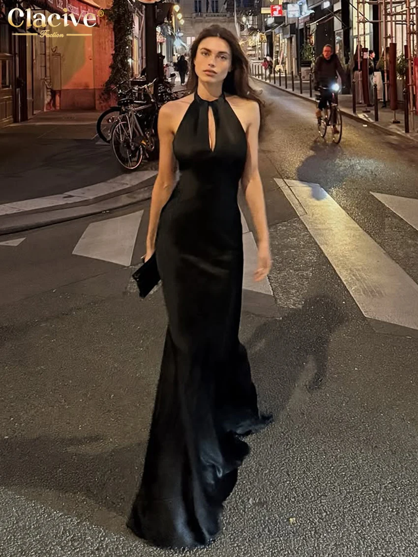 Clacive Sexy Slim Black Satin Women Dress Summer Halter Sleeveless Maxi Dresses Lady Elegant Classic Hollow Out Female Dress
Clacive Sexy Slim Black Satin Women Dress Summer Halter Sleeveless Maxi Dresses Lady Elegant Classic Hollow Out Female Dress
