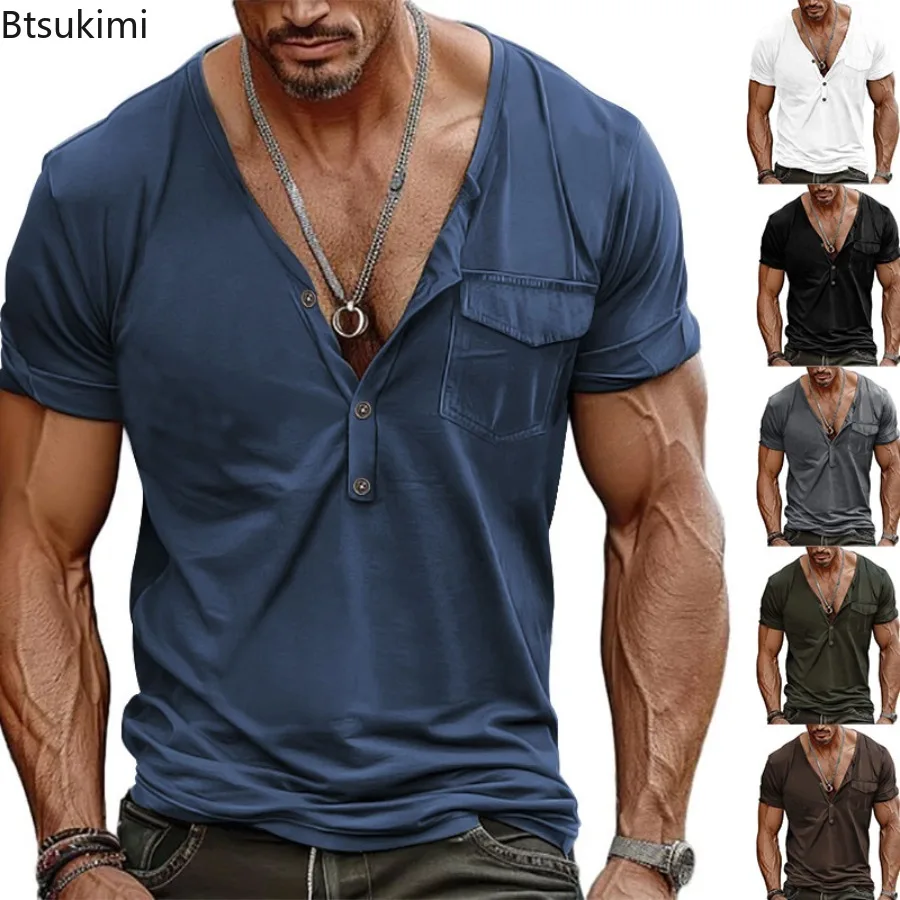 Leisure Loose T-shirt Men's Fashion Patchwork Pocket Button V-neck Henley Shirts Vintage Solid Short Sleeve High-grade Tees Male
Leisure Loose T-shirt Men's Fashion Patchwork Pocket Button V-neck Henley Shirts Vintage Solid Short Sleeve High-grade Tees Male