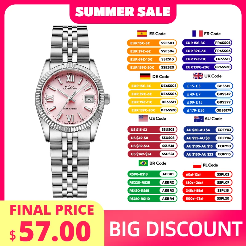 ADDIES Quartz Women Watches 316L Stainless Steel 5Bar Waterproof Outdoor Sports Diving Wristwatch Elegant Fashion Ladies Watches
ADDIES Quartz Women Watches 316L Stainless Steel 5Bar Waterproof Outdoor Sports Diving Wristwatch Elegant Fashion Ladies Watches