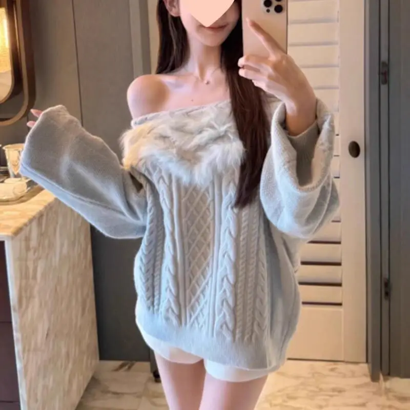 Женский свитер с открытыми плечами, меховым воротником, свободного кроя, в стиле «ленивый шик», вязаный, осенне-зимний, утепленный, с длинными рукавами
Женский свитер с открытыми плечами, меховым воротником, свободного кроя, в стиле «ленивый шик», вязаный, осенне-зимний, утепленный, с длинными рукавами