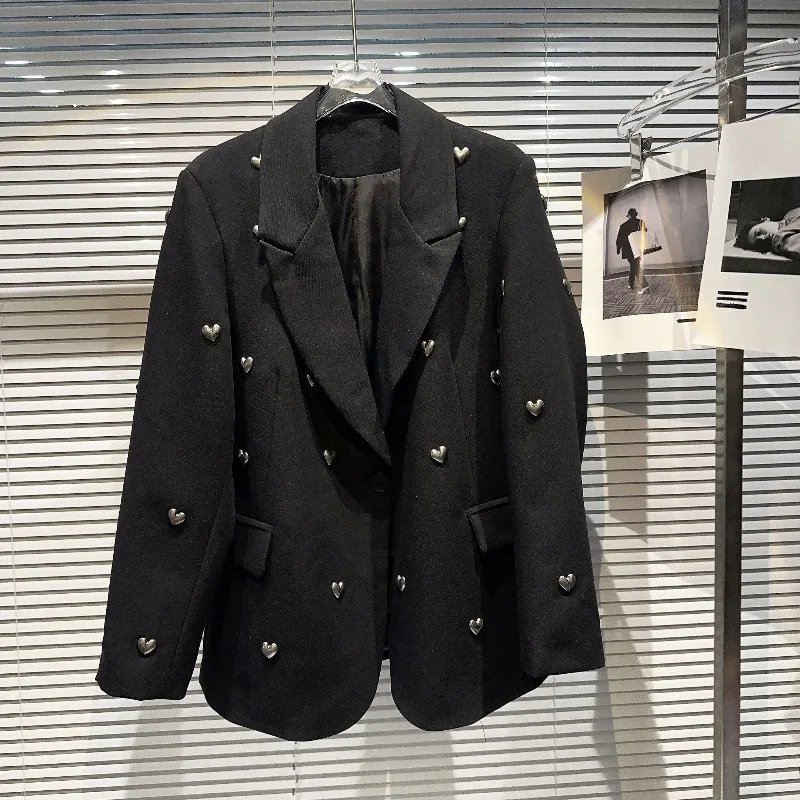 2025 New Metal Heart Rivet Black Jackets Y2K Aesthetic Notched Collar Coat Women Blazers Autumn Loose Long Sleeve Tops Mujer
2025 New Metal Heart Rivet Black Jackets Y2K Aesthetic Notched Collar Coat Women Blazers Autumn Loose Long Sleeve Tops Mujer