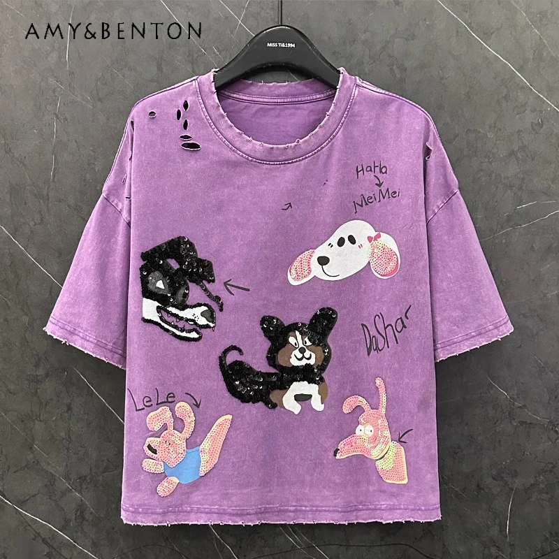 2025 Summer New Sweet Cute Hole Design Sense Cartoon Round Neck Short-sleeved T-shirt Women's Loose Short Top Purple Pullover
2025 Summer New Sweet Cute Hole Design Sense Cartoon Round Neck Short-sleeved T-shirt Women's Loose Short Top Purple Pullover