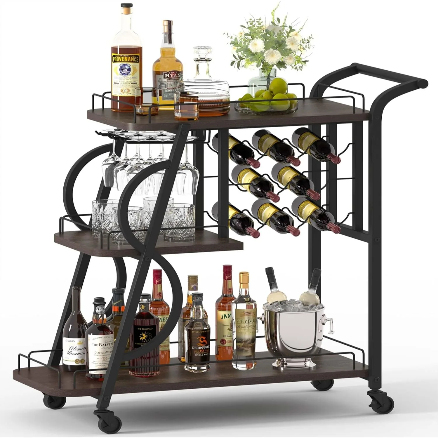 Rustic Bar Cart, 3 Tier Rolling Bar Cart with Wine Glass Holder, Industrial Serving Cart for Home
Rustic Bar Cart, 3 Tier Rolling Bar Cart with Wine Glass Holder, Industrial Serving Cart for Home