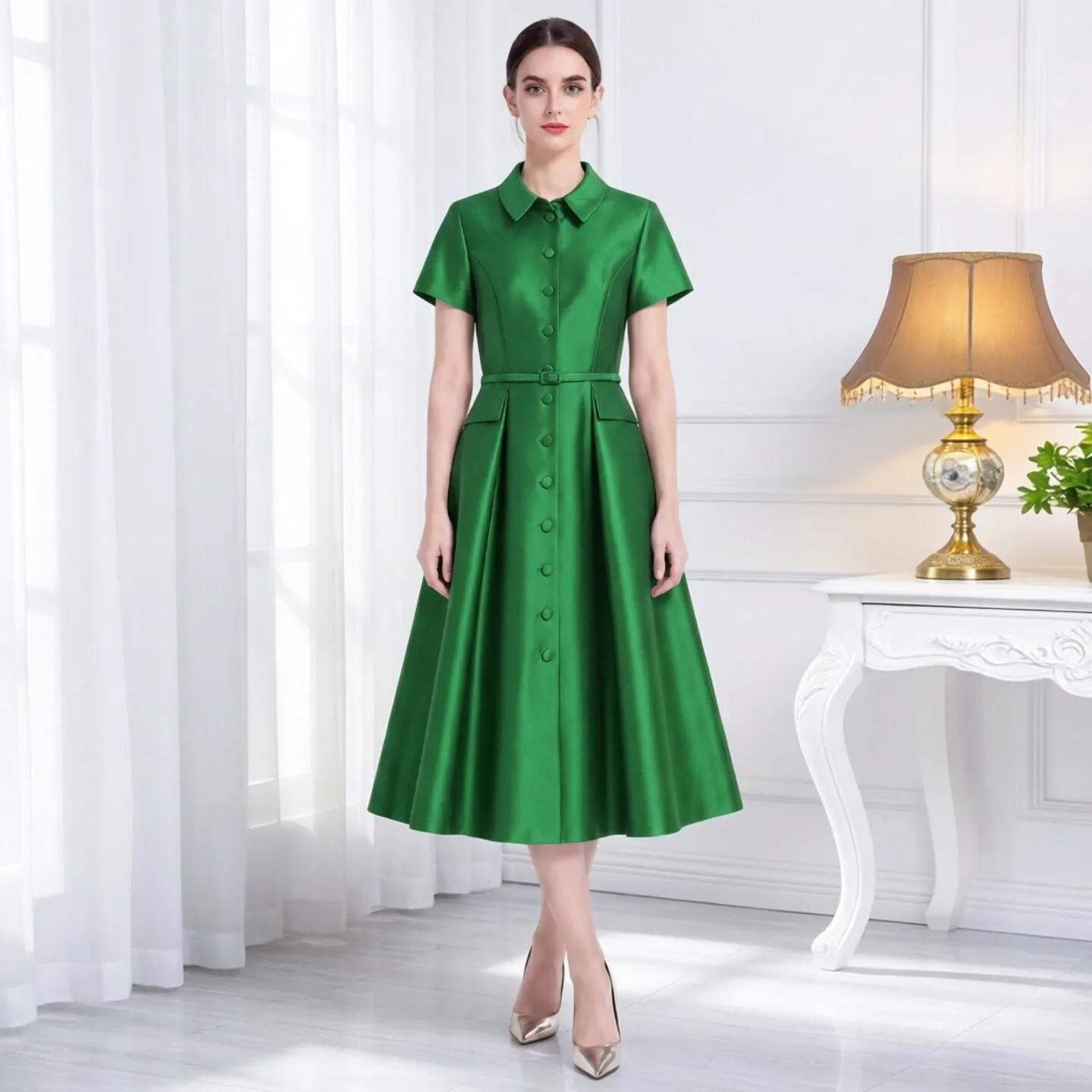 Elegant Green Silk Satin Dress with Pleated Waist Short Sleeve Turn-down Collar A-line Midi Dress for Women Elegant Style
Elegant Green Silk Satin Dress with Pleated Waist Short Sleeve Turn-down Collar A-line Midi Dress for Women Elegant Style