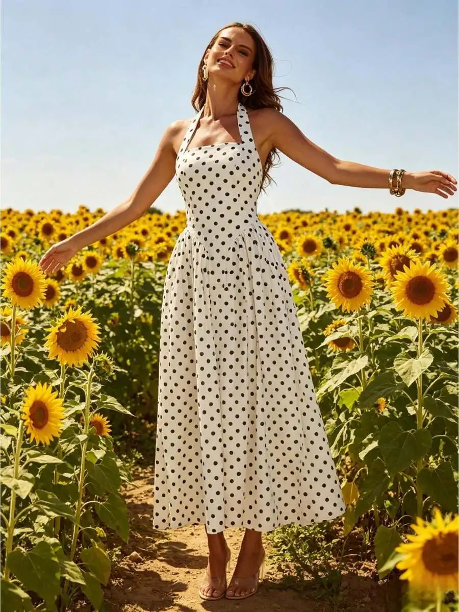 Womens Polka Dot Halter Neck Maxi Dress Sleeveless A-Line Flowy Summer Beach Party Dress
Womens Polka Dot Halter Neck Maxi Dress Sleeveless A-Line Flowy Summer Beach Party Dress